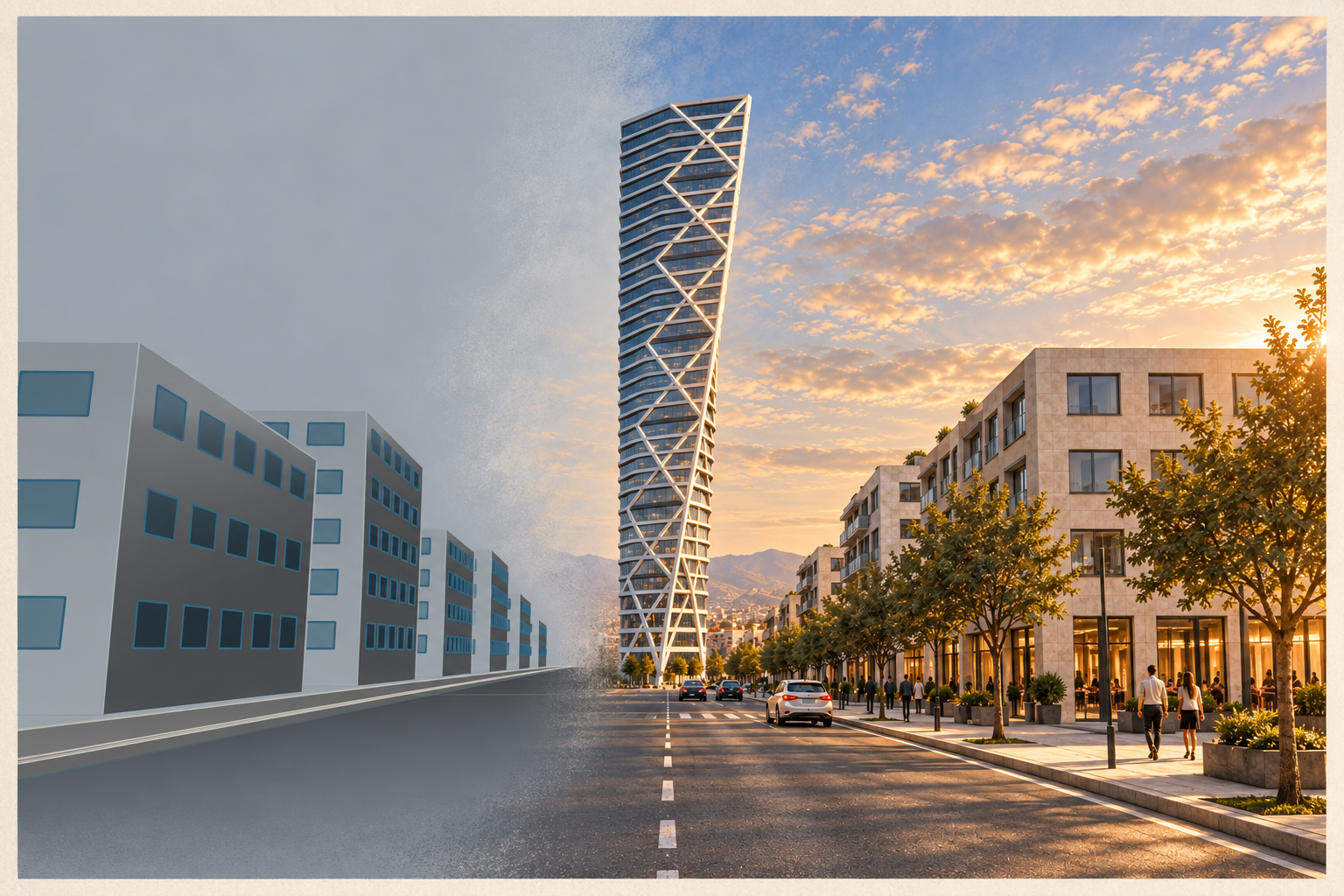 The same tapered tower emerging from a grey Rhino street model into a warm photographic city scene