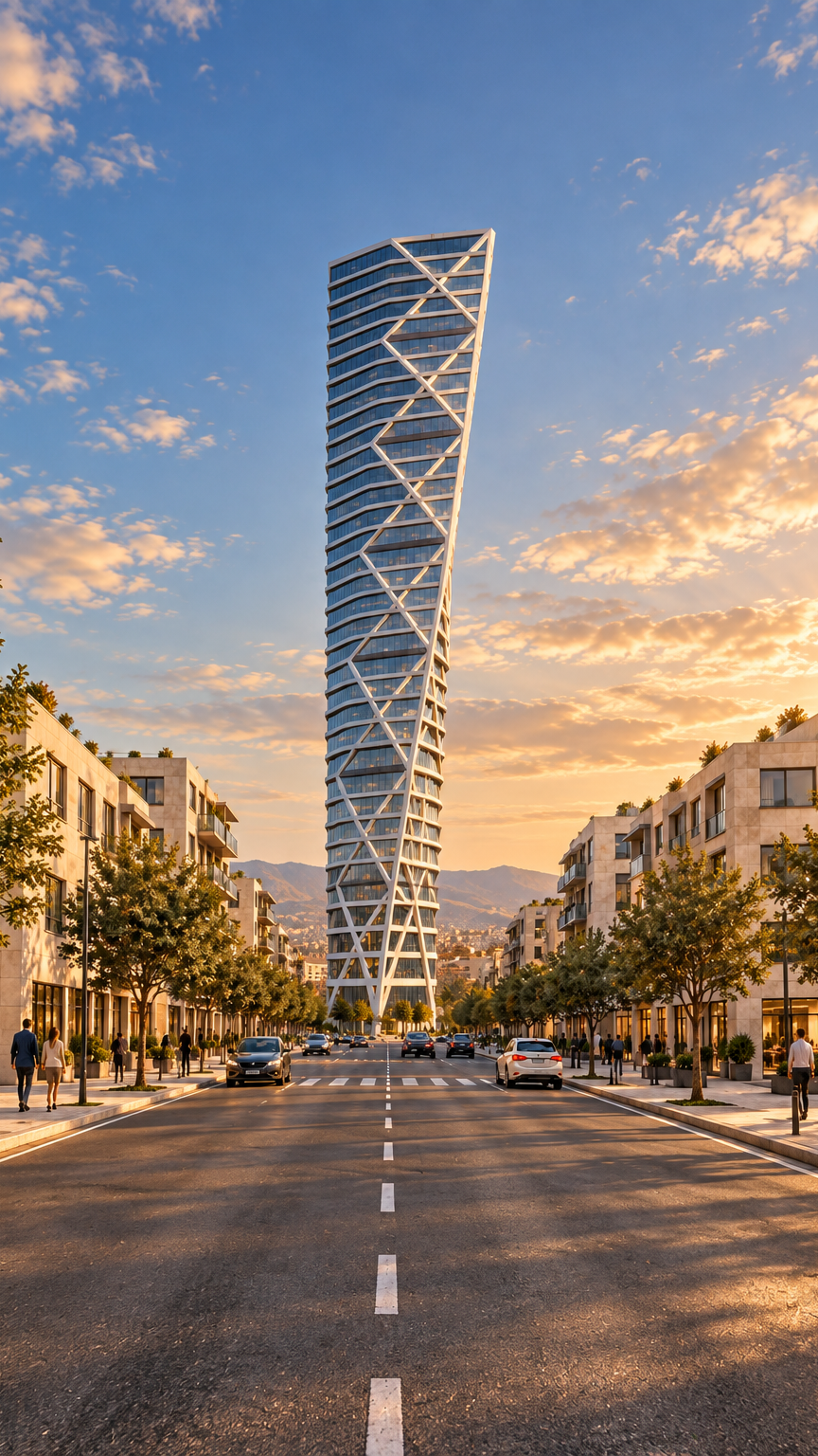 Portrait boulevard view of the tapered tower and surrounding buildings at golden hour