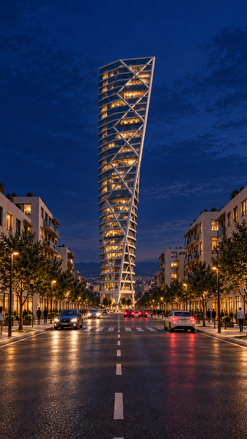 Portrait night view of the same tower and street, with warm interior light behind the glass